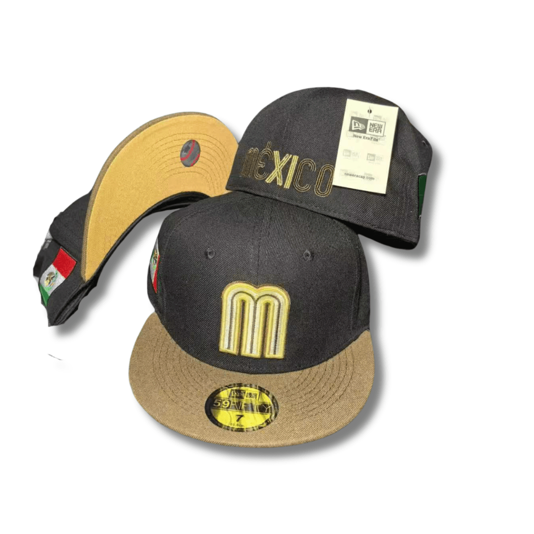 Team Mexico with Gold Embroidered Logo and Side Mexican Flag Patch Black and Gold Fitted Cap