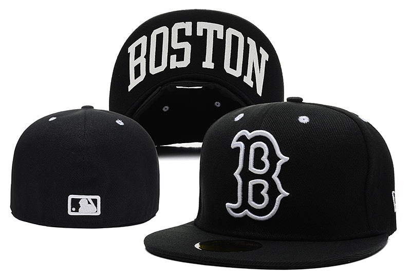 Boston Red Sox Black Fitted Hat with White "B" Logo and Undervisor Boston Lettering